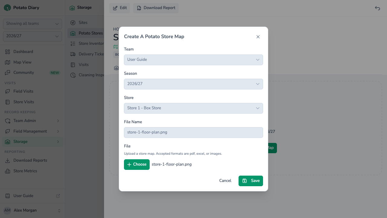 Create A Potato Store Map form with team, season and store locked, a floor plan file name and the Choose file button