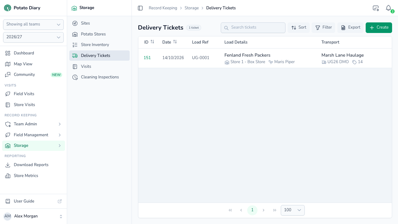 Delivery Tickets list in Potato Diary showing a Maris Piper potato load with its date, load reference, customer, store and haulier