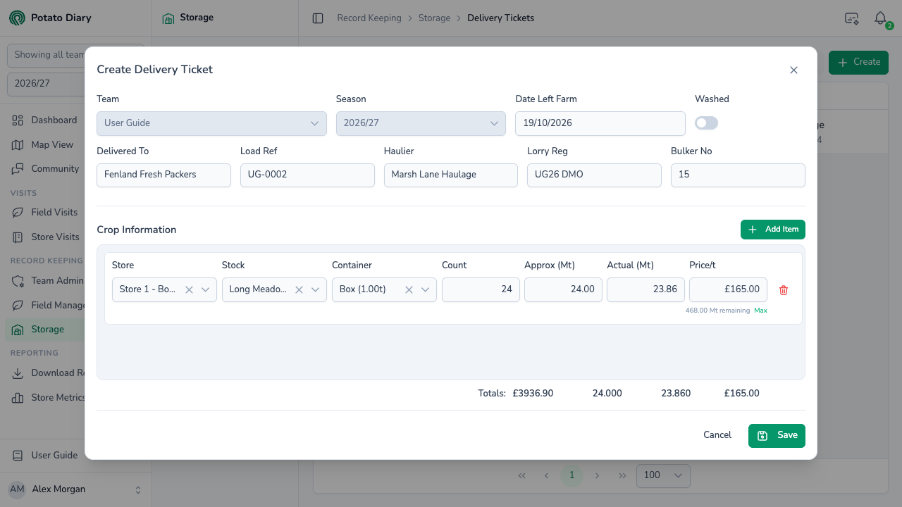 Create Delivery Ticket form with customer, haulier and lorry registration, and a potato crop line taking 24 tonnes at £165 per tonne