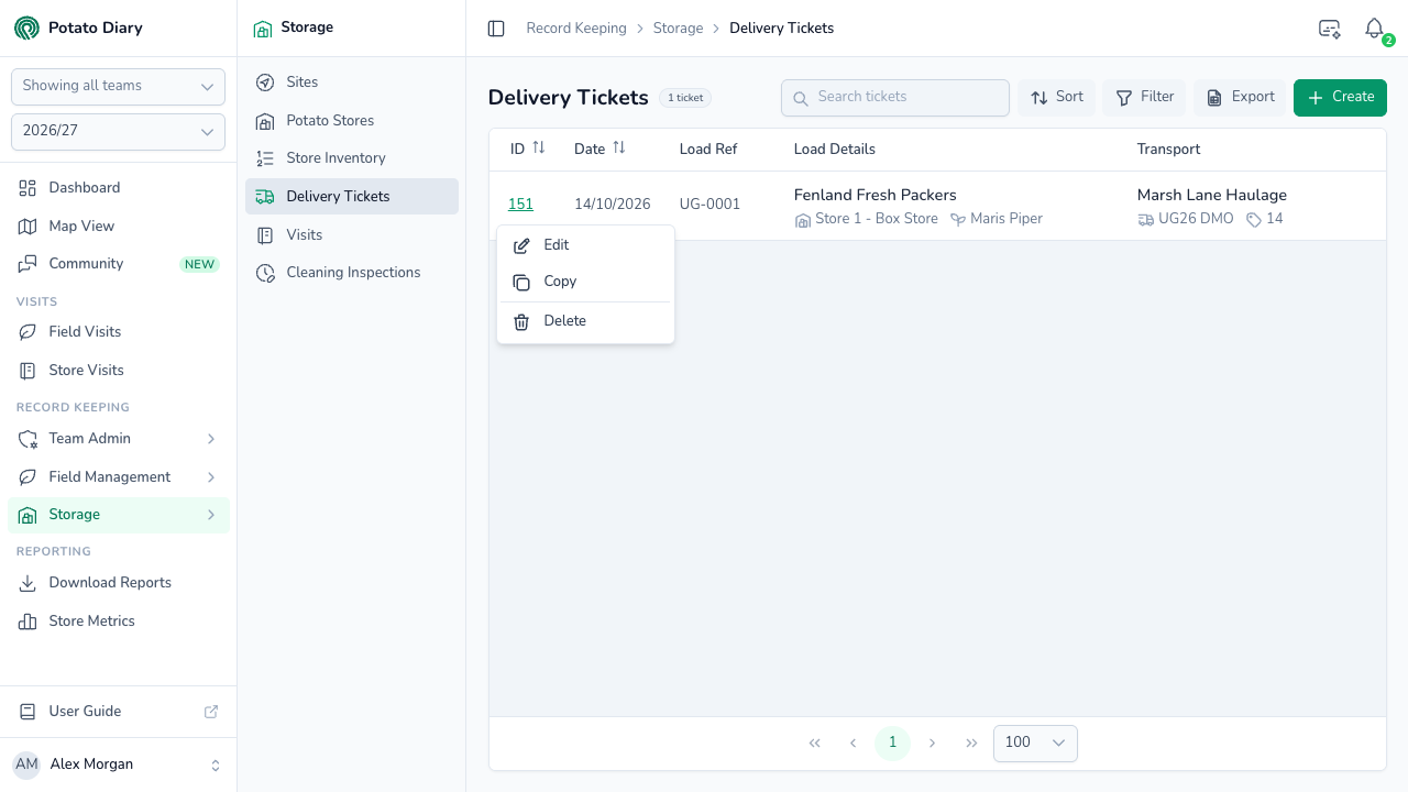 Menu on a delivery ticket row with Edit, Copy and Delete for a potato load to Fenland Fresh Packers