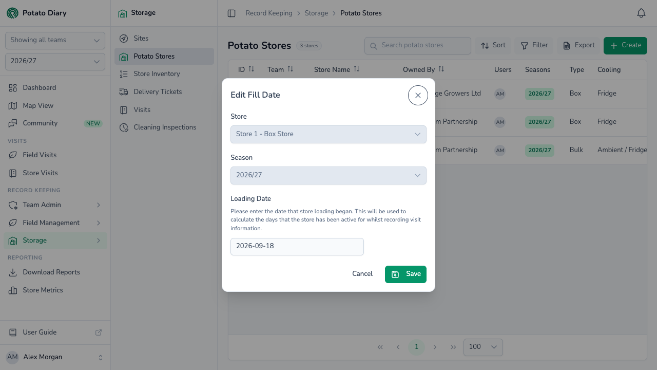 Edit Fill Date form setting the 2026/27 season loading date for a potato box store to 2026-09-18