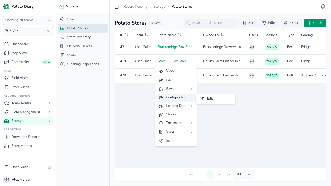 Potato Stores list in Potato Diary with a store menu open and the Configuration submenu showing Edit