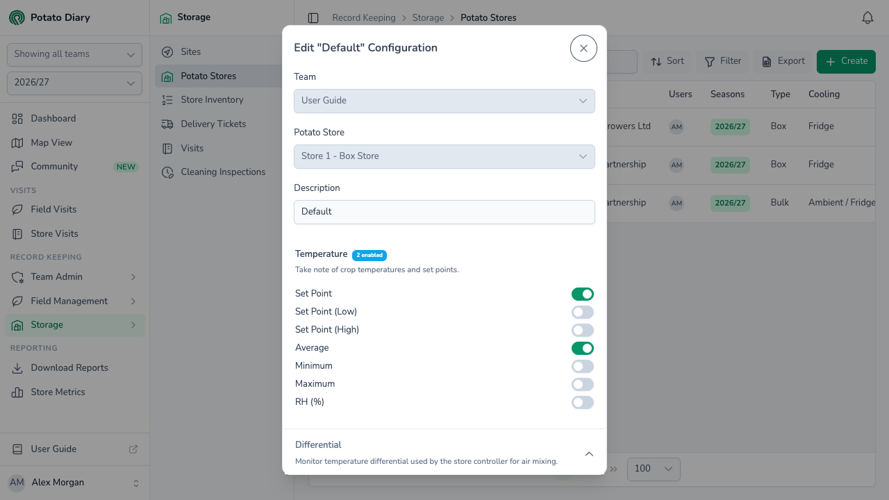 Edit Default Configuration dialog for a box potato store with Set Point and Average crop temperature readings switched on