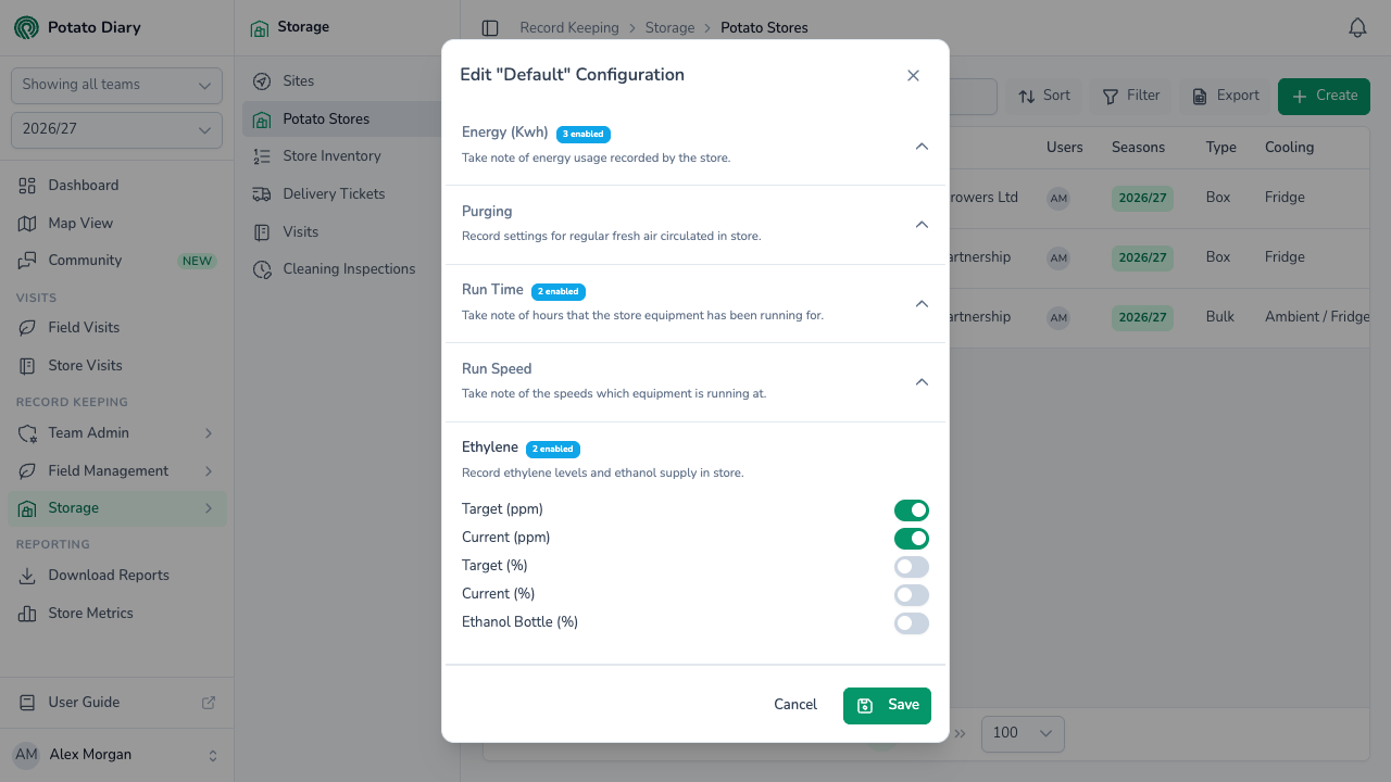 Lower sections of the store configuration dialog: Energy (kWh), Purging, Run Time, Run Speed and Ethylene ppm readings