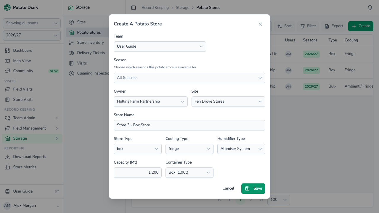Create A Potato Store form with owner, site, store type, cooling type, humidifier type, capacity in tonnes and container type