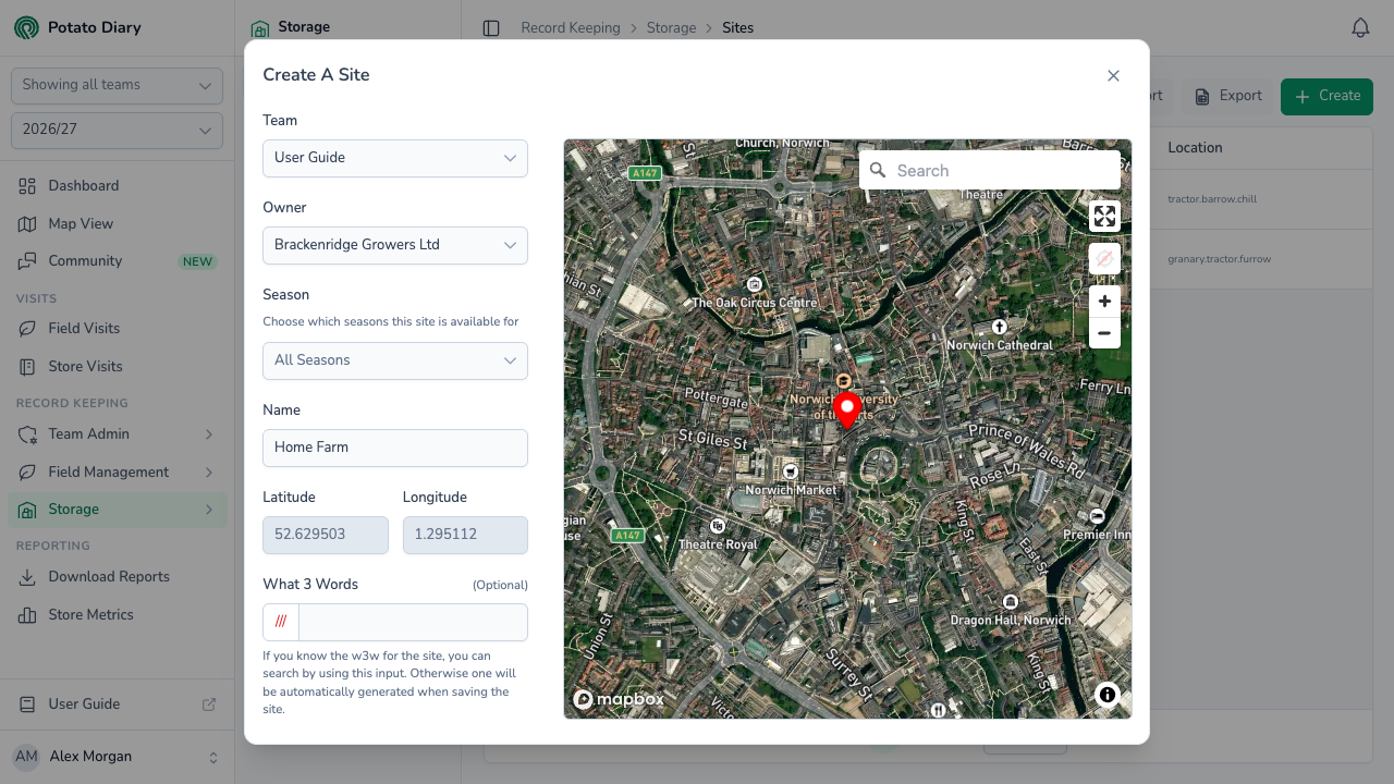 Create A Site form for a potato store site with owner, season, name and a satellite map pin setting latitude and longitude