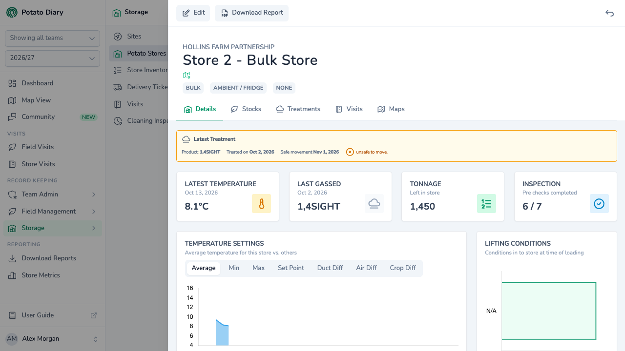 Potato Diary store view for a bulk potato store with the Download Report button, latest 1,4SIGHT treatment and tonnage
