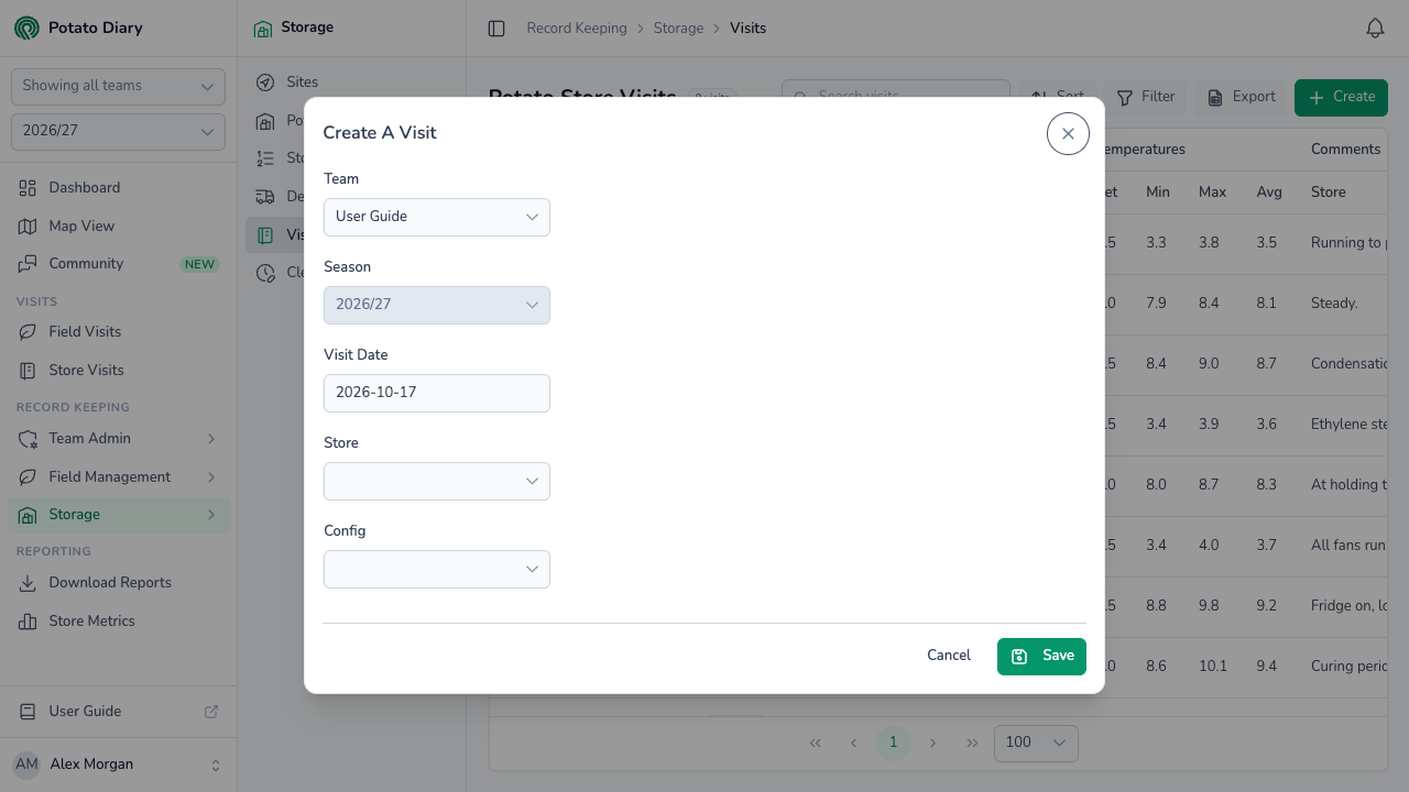 Create A Visit form for a potato store visit with team, season, visit date, store and configuration fields