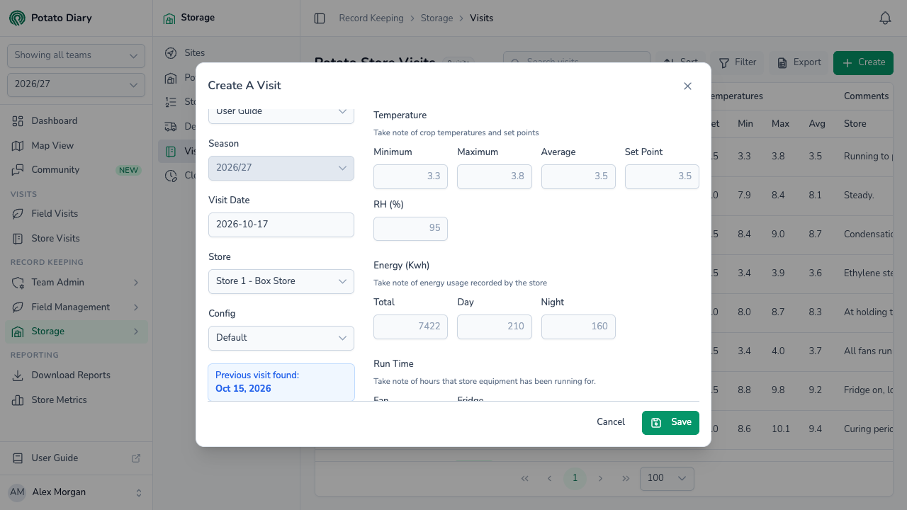 Create A Visit form for a box store with crop temperature, set point, RH and energy readings beside the previous visit's values