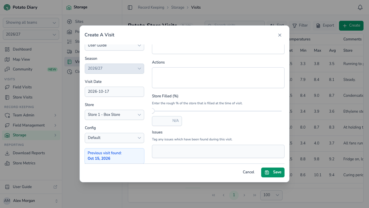 Bottom of the Create A Visit form with the actions box, Store Filled (%) slider and issues found during the potato store visit