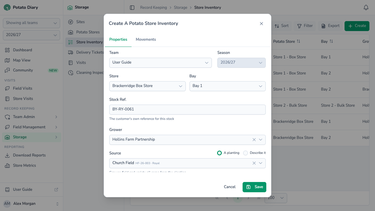 Properties tab of the Create A Potato Store Inventory form with store, bay, stock reference, grower and a planting as the source