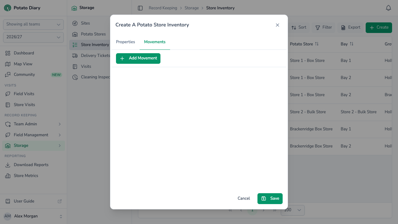 Empty Movements tab of the Create A Potato Store Inventory form with the Add Movement button for load-ins and load-outs