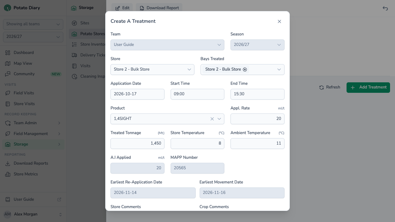 Create A Treatment form with bays treated, application date, 1,4SIGHT product, treated tonnage, store temperature and MAPP number