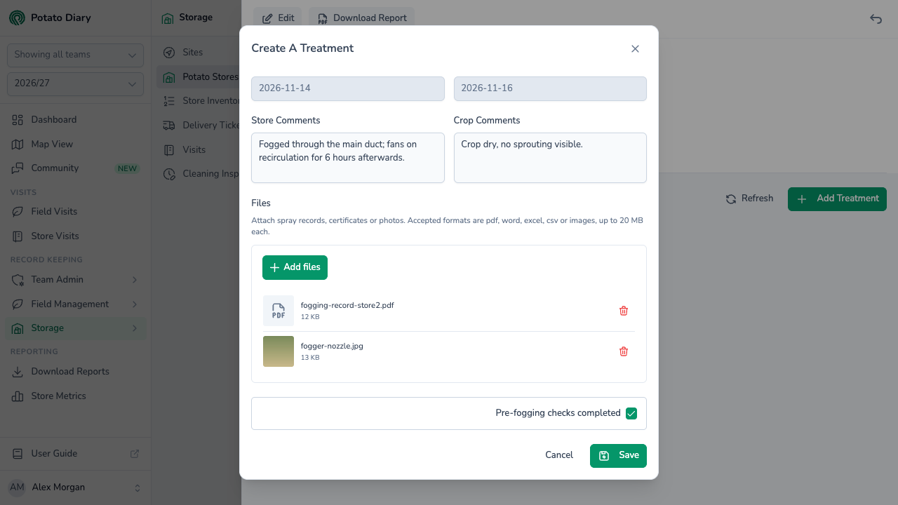 Lower part of the Create A Treatment form with store and crop comments, attached fogging record files and pre-fogging checks