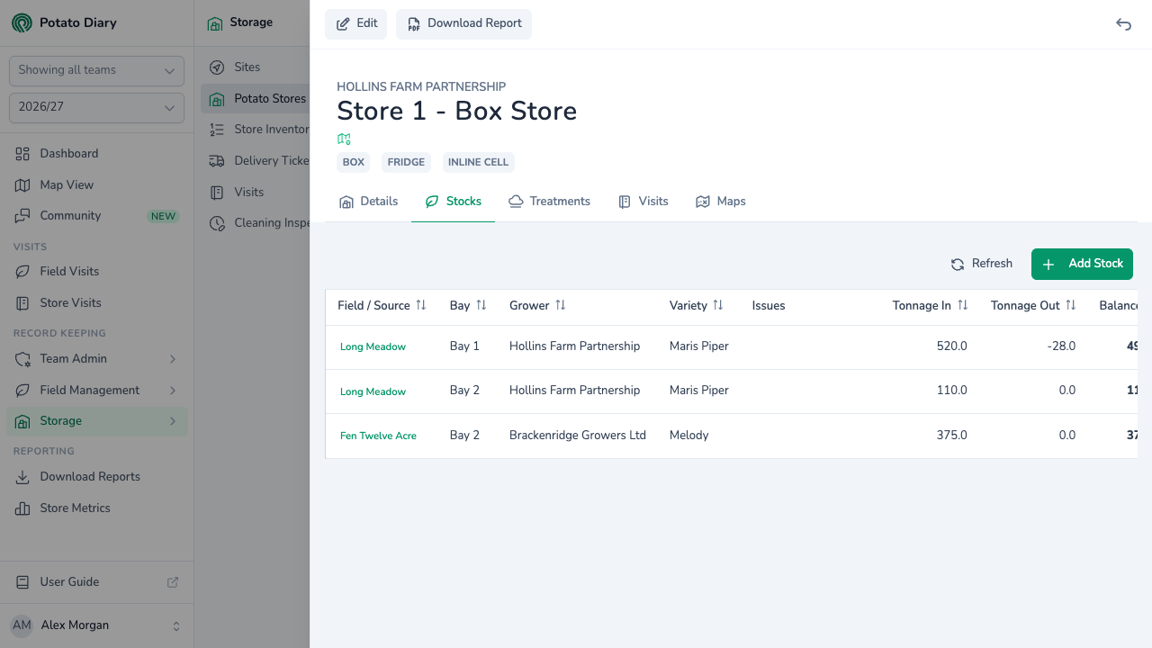 Stocks tab in Potato Diary for a box potato store listing Maris Piper and Melody stock by field, bay, grower and tonnage