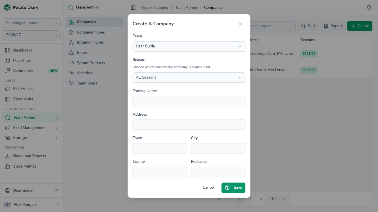 Create A Company form with team, the seasons the company is available for, trading name and address fields