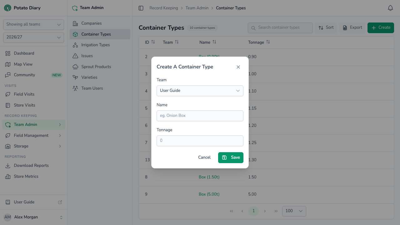 Create A Container Type form with team, a name such as Onion Box and the tonnage one storage container holds