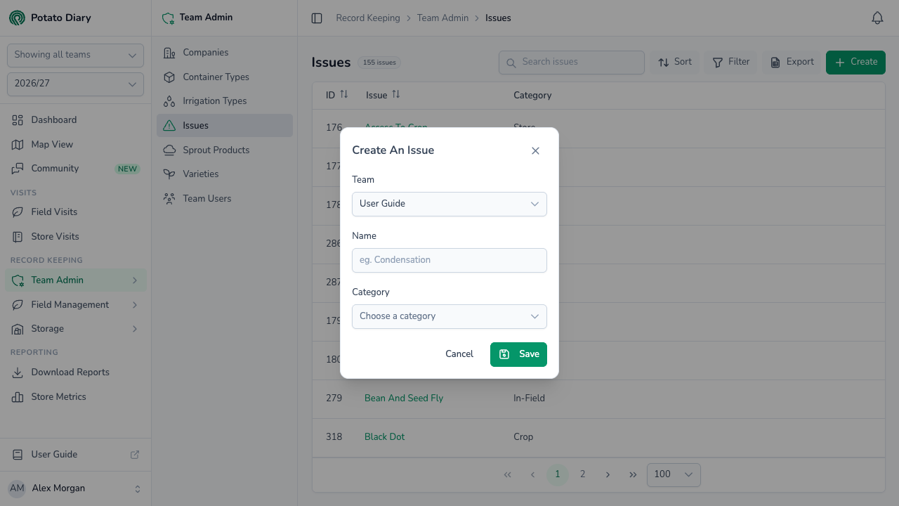 Create An Issue form for tagging visits, with team, an issue name such as Condensation and a category
