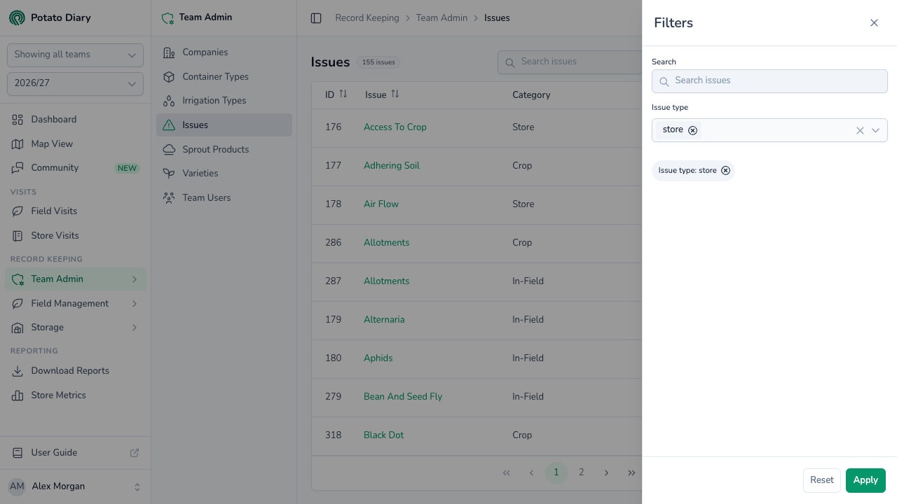 Filters panel on the Issues page with the issue type filter set to store issues