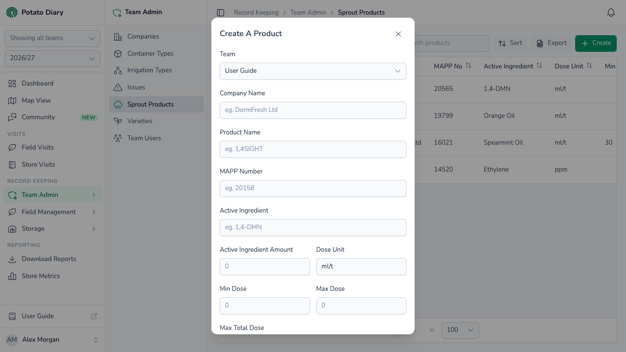 Top of the Create A Product form for a sprout suppressant, with company, product name, MAPP number and active ingredient