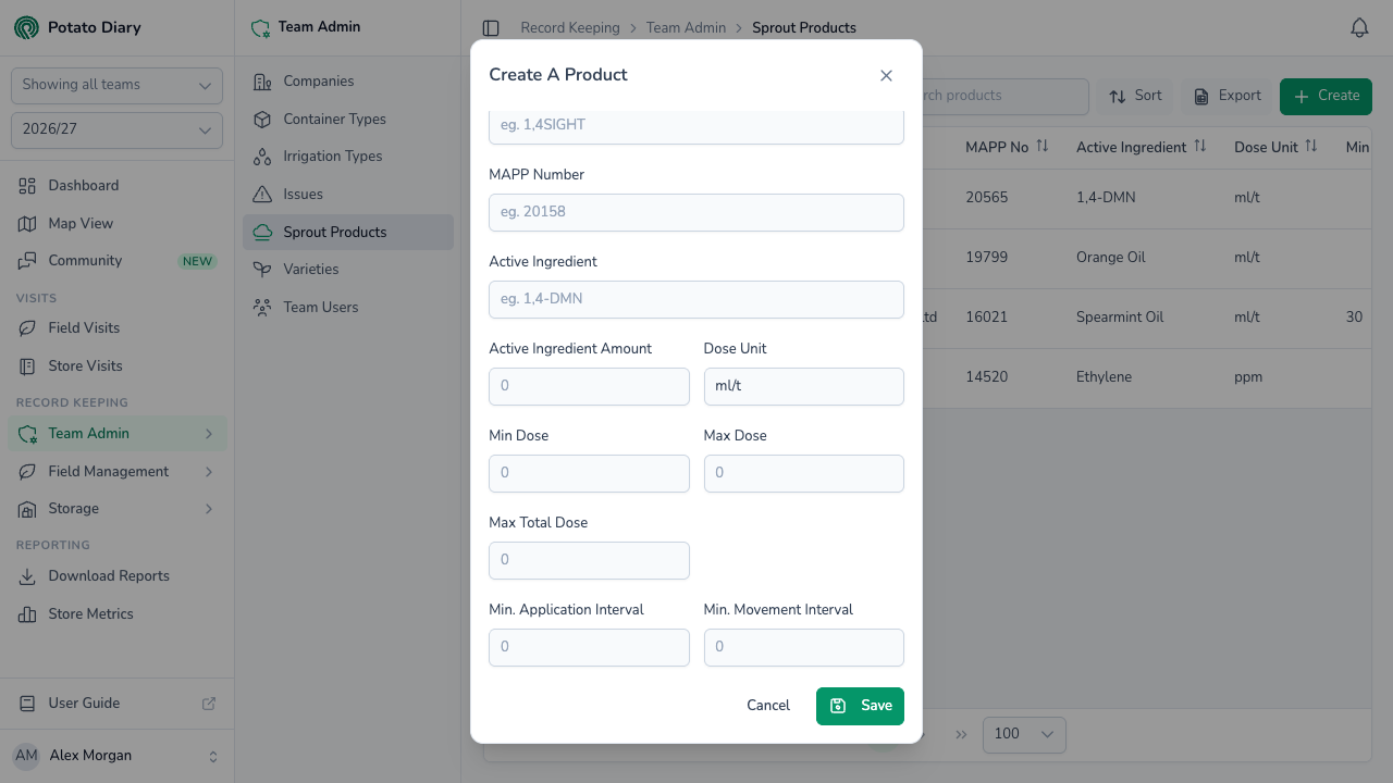 Lower half of the Create A Product form with dose unit, min and max dose, max total dose and application and movement intervals