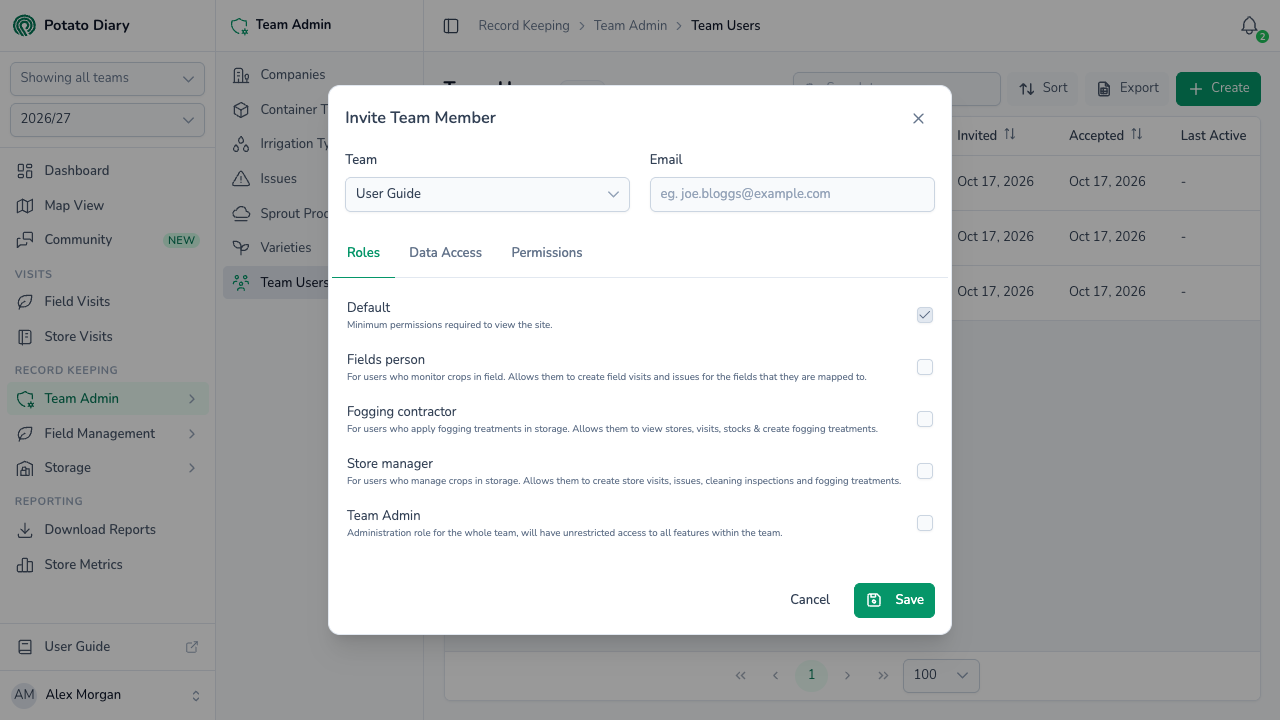 Invite Team Member form on the Roles tab with Fields person, Fogging contractor, Store manager and Team Admin roles