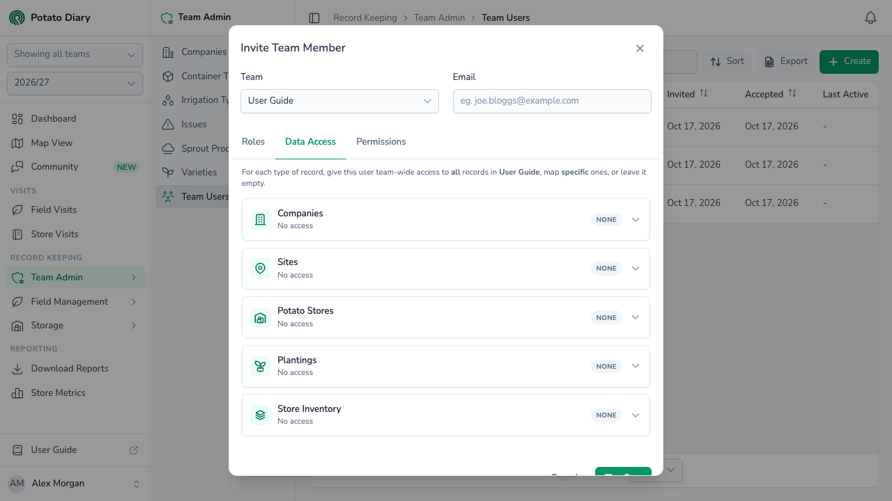 Data Access tab with access cards for companies, sites, potato stores, plantings and store inventory, each set to none