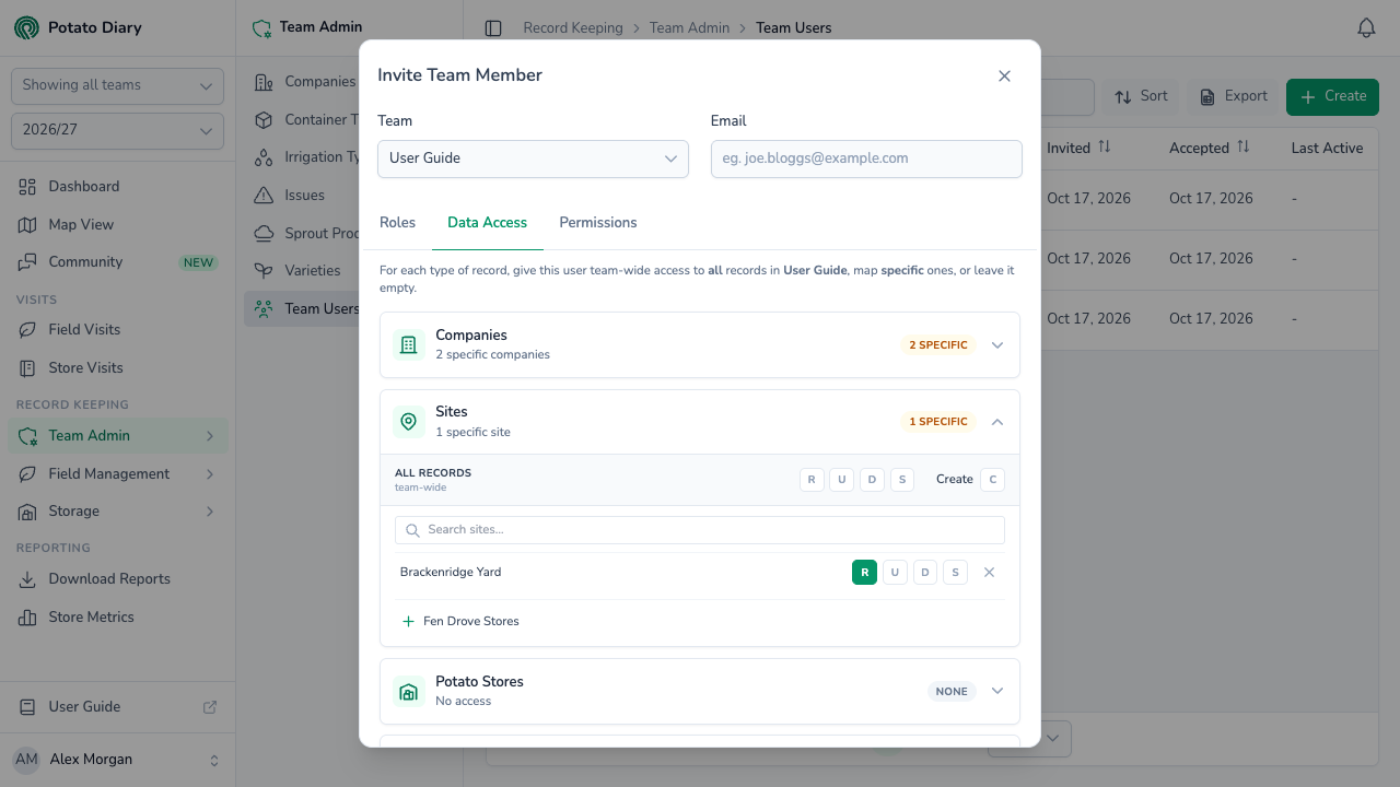 Sites card open on the Data Access tab, with team-wide read, update, delete and selectable rights and one specific site added