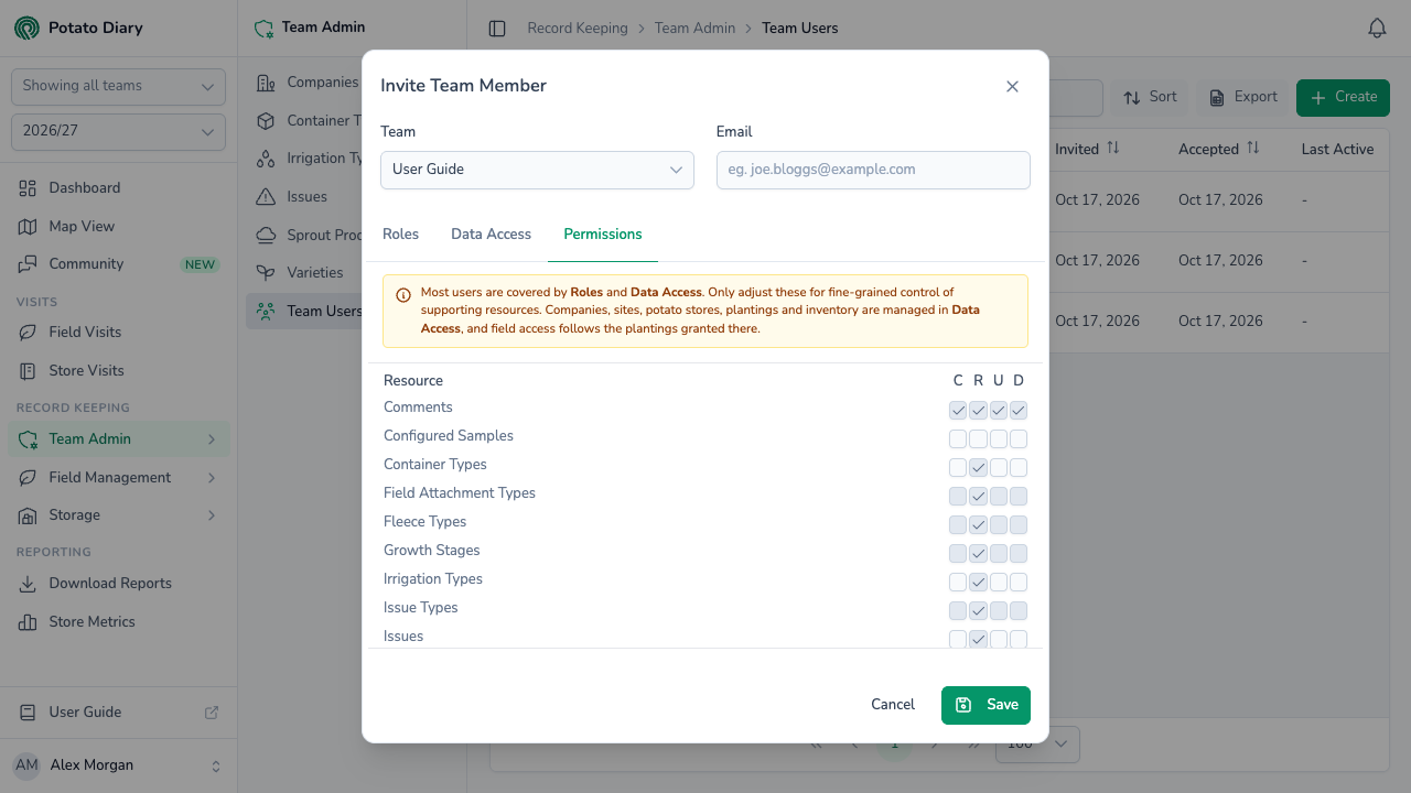 Permissions tab with create, read, update and delete boxes for comments, container types, growth stages and irrigation types