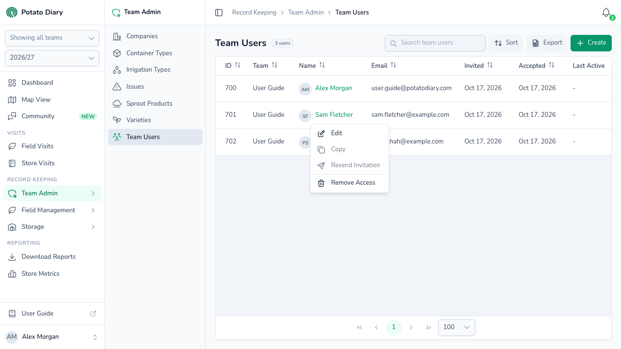 Menu on a team user row with options to edit, resend the invitation or remove their access to the team