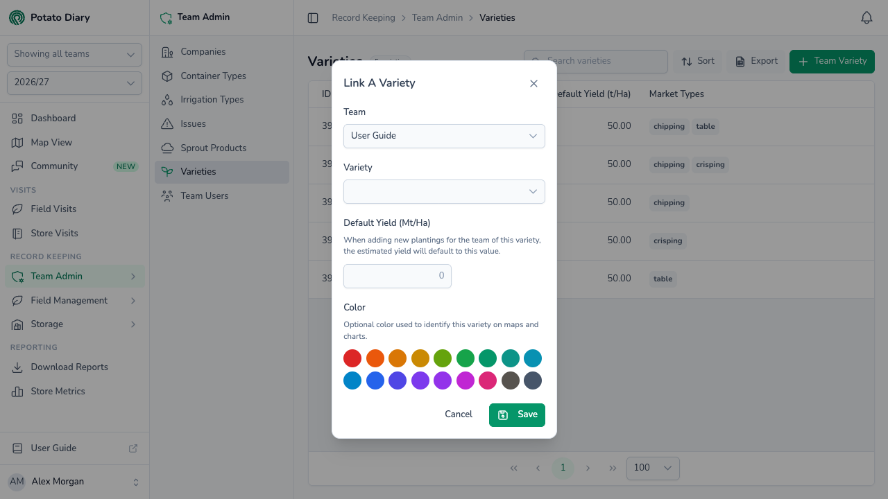 Link A Variety form for adding a potato variety to the team, with default yield in Mt/Ha and a colour for maps and charts
